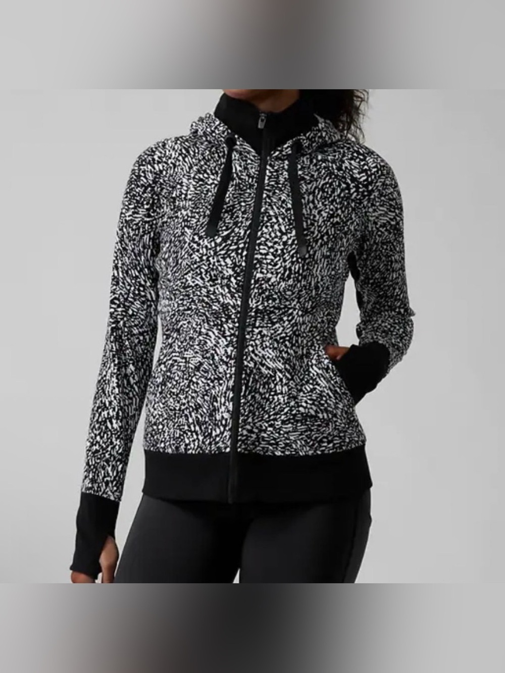 Athleta Triumph printed hoodie featuring black and white "windstorm" pattern